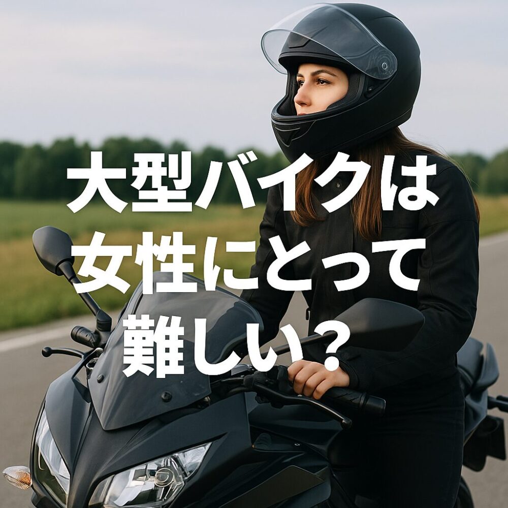 大型バイクを前に不安そうな女性ライダーと「大型バイクは女性にとって難しい？」という日本語テキスト
